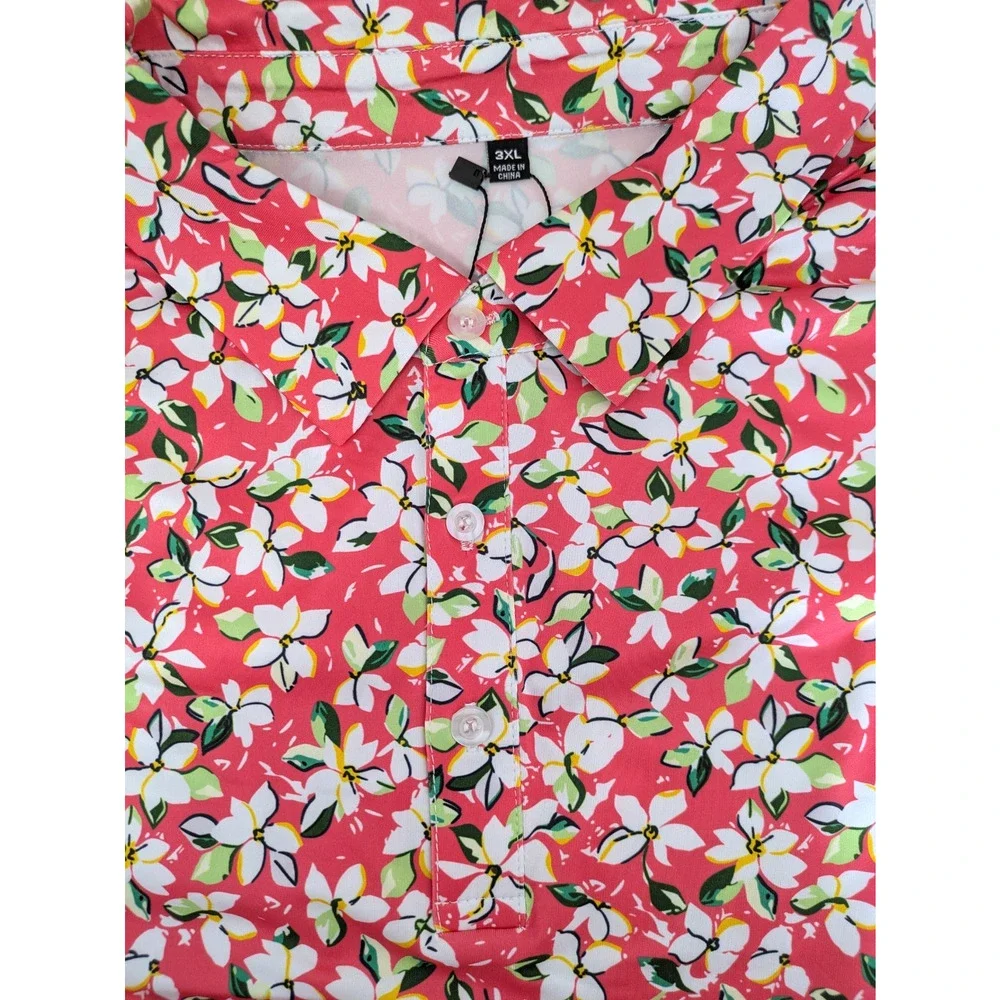 Mens Golf Polo Shirt Moisture Wicking 3XL Pink White Plumeria Polo hirt - Picture 8 of 9